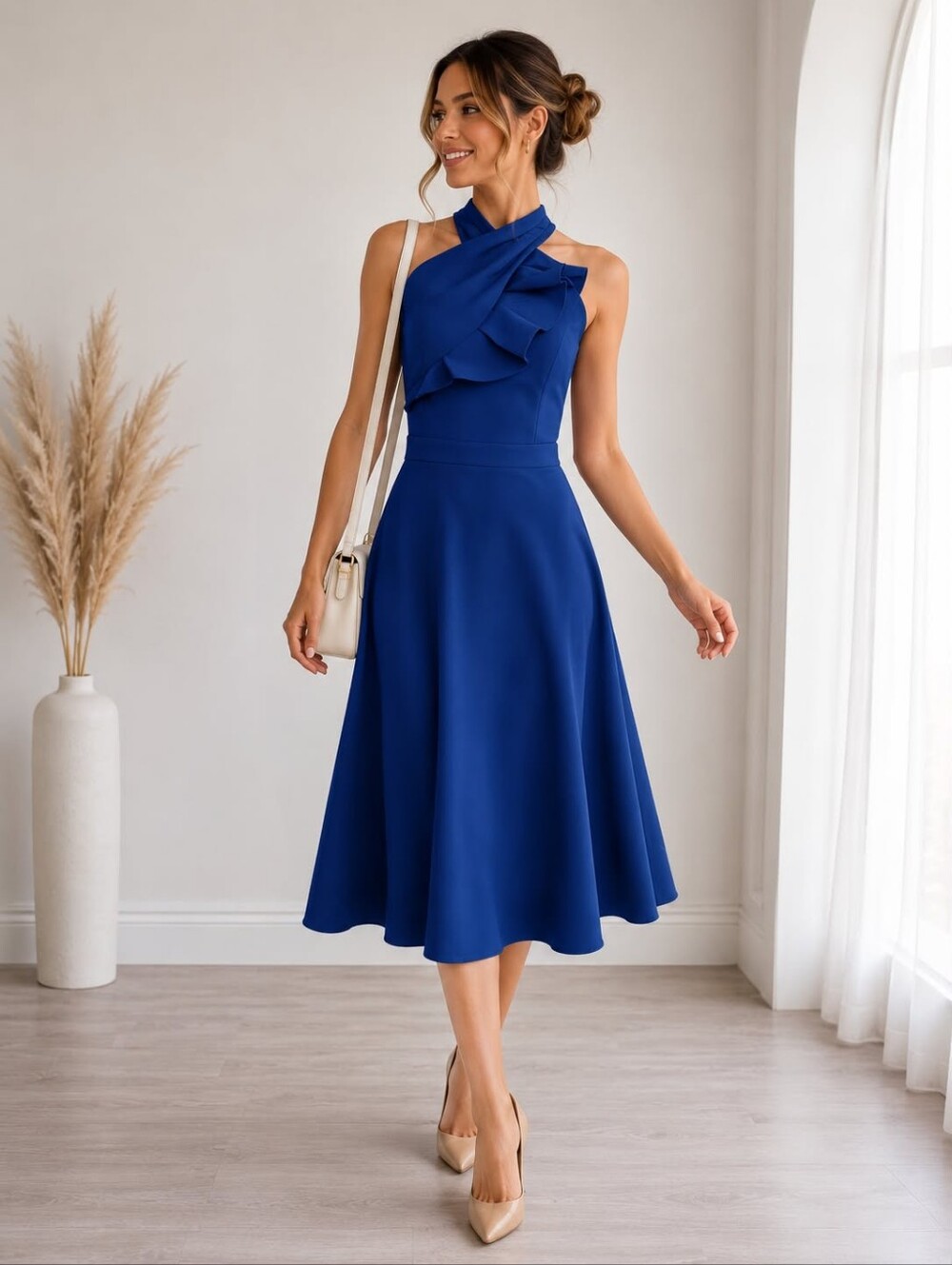 MOTF Royal Blue One-Shoulder Ruffle Midi Dress